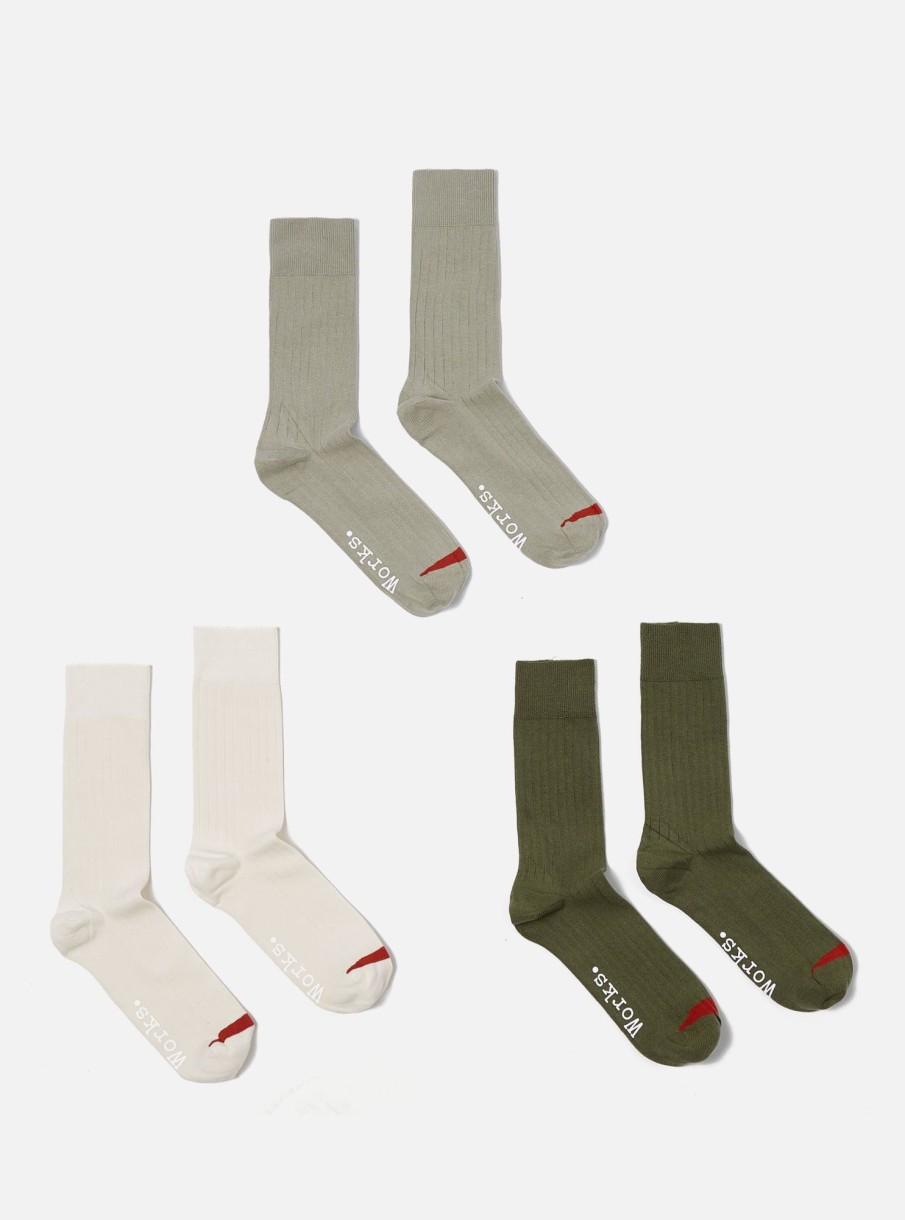 Clearance Universal Works Universal Works 3 Pack Modal Sock In Ecru/Grey/Green Rib Knit