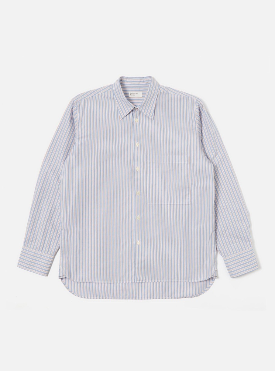 New Universal Works Universal Works Square Pocket Shirt In Blue/Orange Busy Stripe Cotton