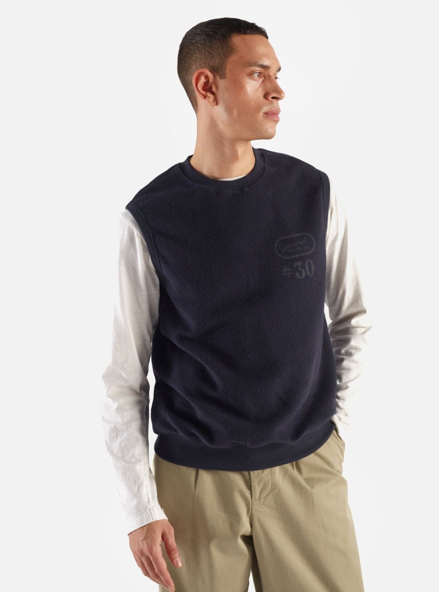 Hot Universal Works Universal Works Sleeveless Crew In Navy Brush Back Sweatshirt