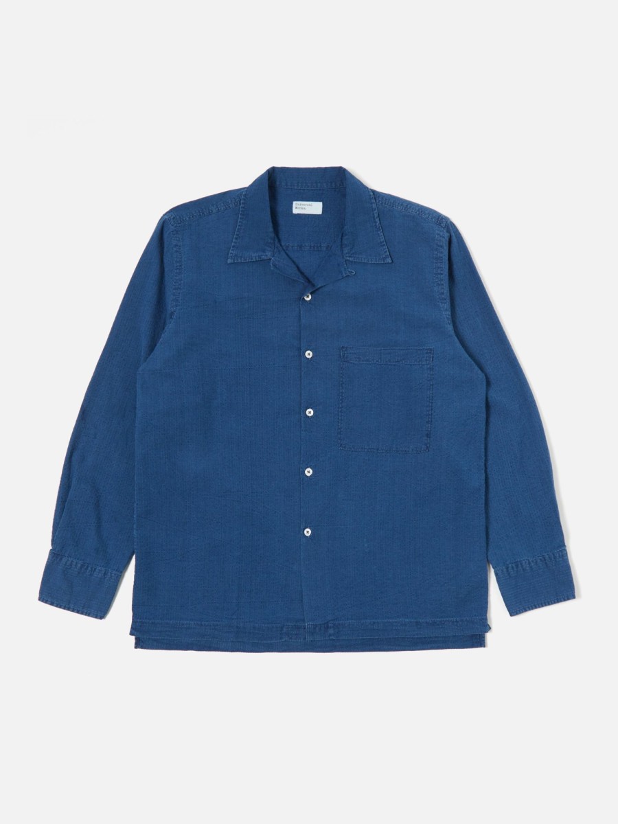 Hot Universal Works Universal Works L/S Camp Shirt Ii In Washed Indigo Seersucker