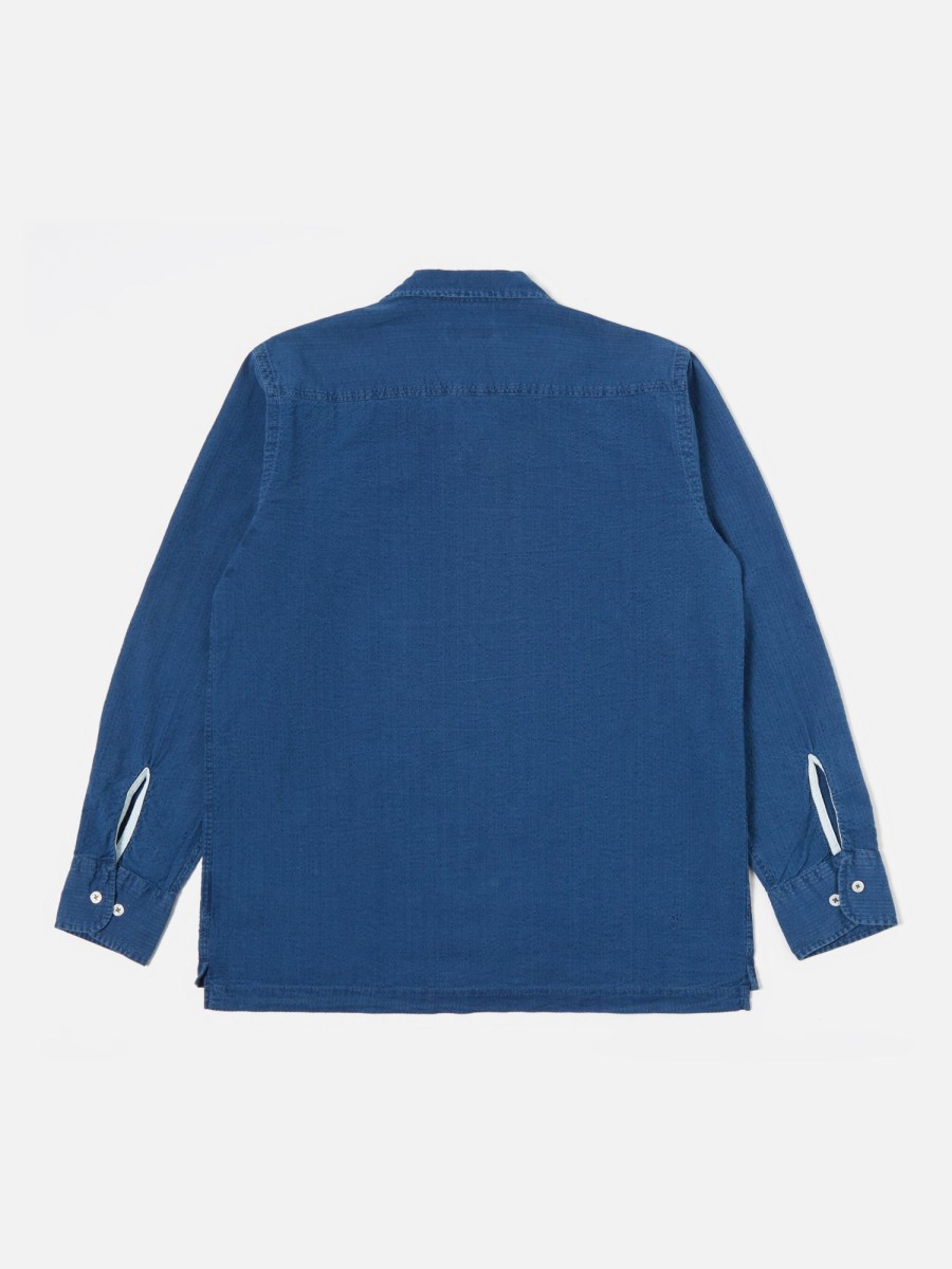 Hot Universal Works Universal Works L/S Camp Shirt Ii In Washed Indigo Seersucker