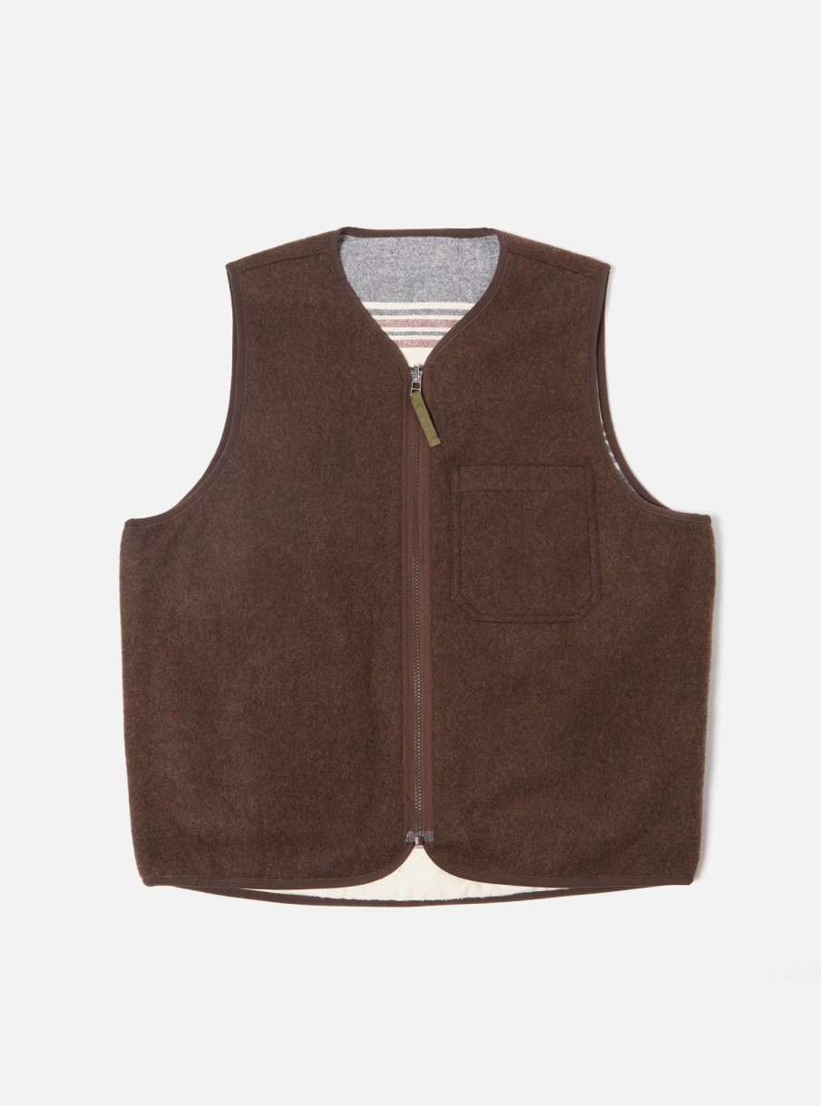 Online Universal Works Universal Works Reversible Liner Gilet In Brown Melange Melton