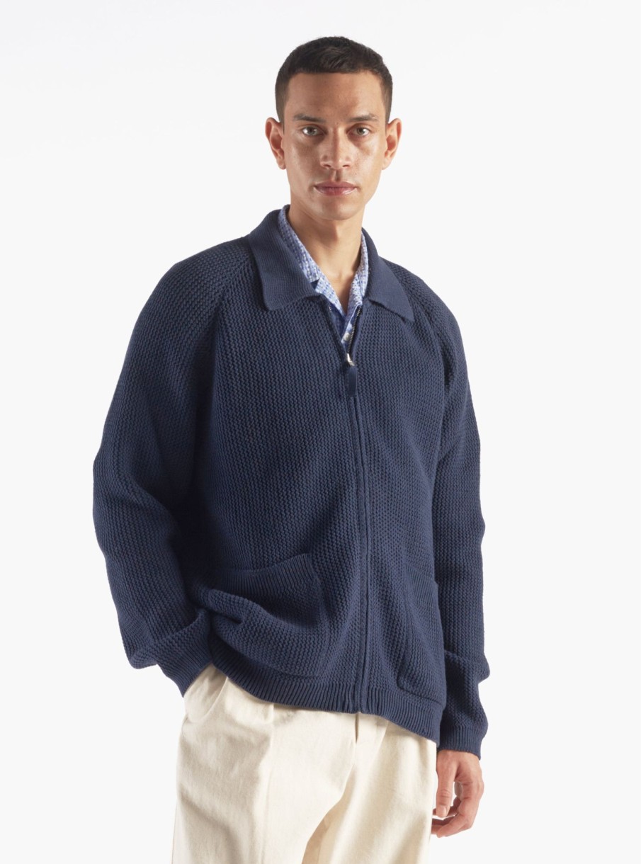 Online Universal Works Universal Works Rack Stitch Zip Up Knit In Indigo Eco Cotton