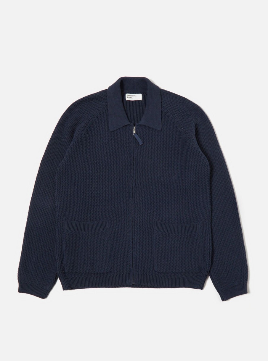 Online Universal Works Universal Works Rack Stitch Zip Up Knit In Indigo Eco Cotton