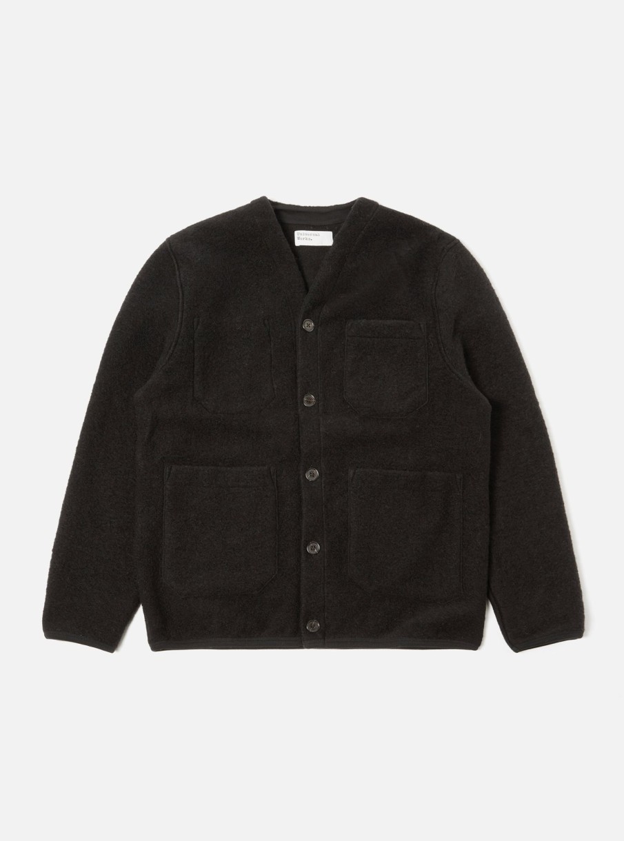 Hot Universal Works Universal Works Cardigan In Black Wool Fleece