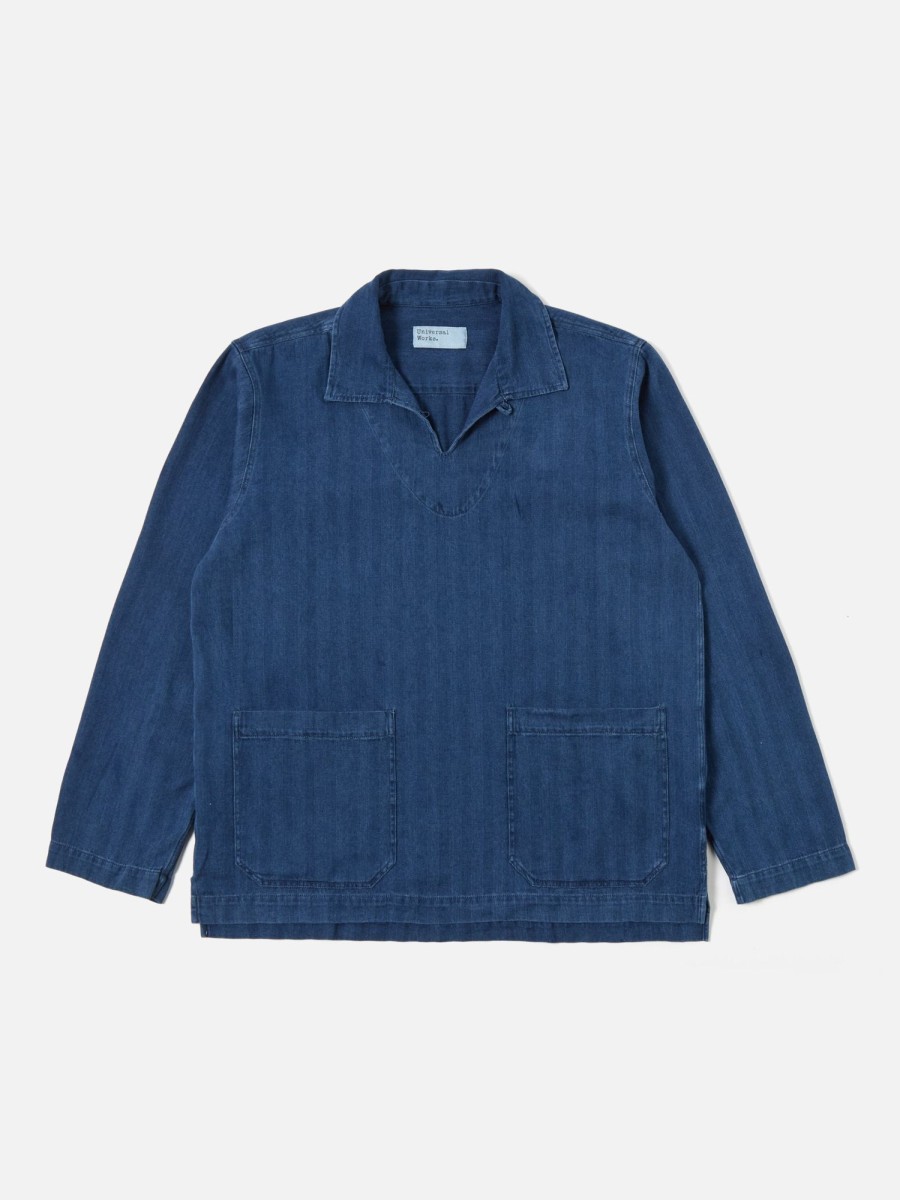 Wholesale Universal Works Universal Works Smock Overshirt In Washed Indigo Herringbone Denim