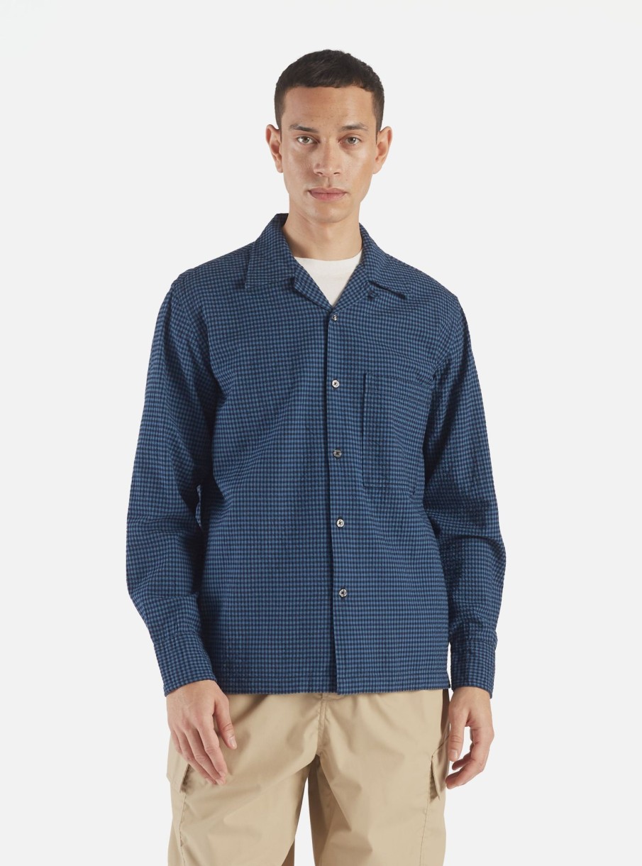 New Universal Works Universal Works L/S Camp Shirt In Navy Gingham Seersucker