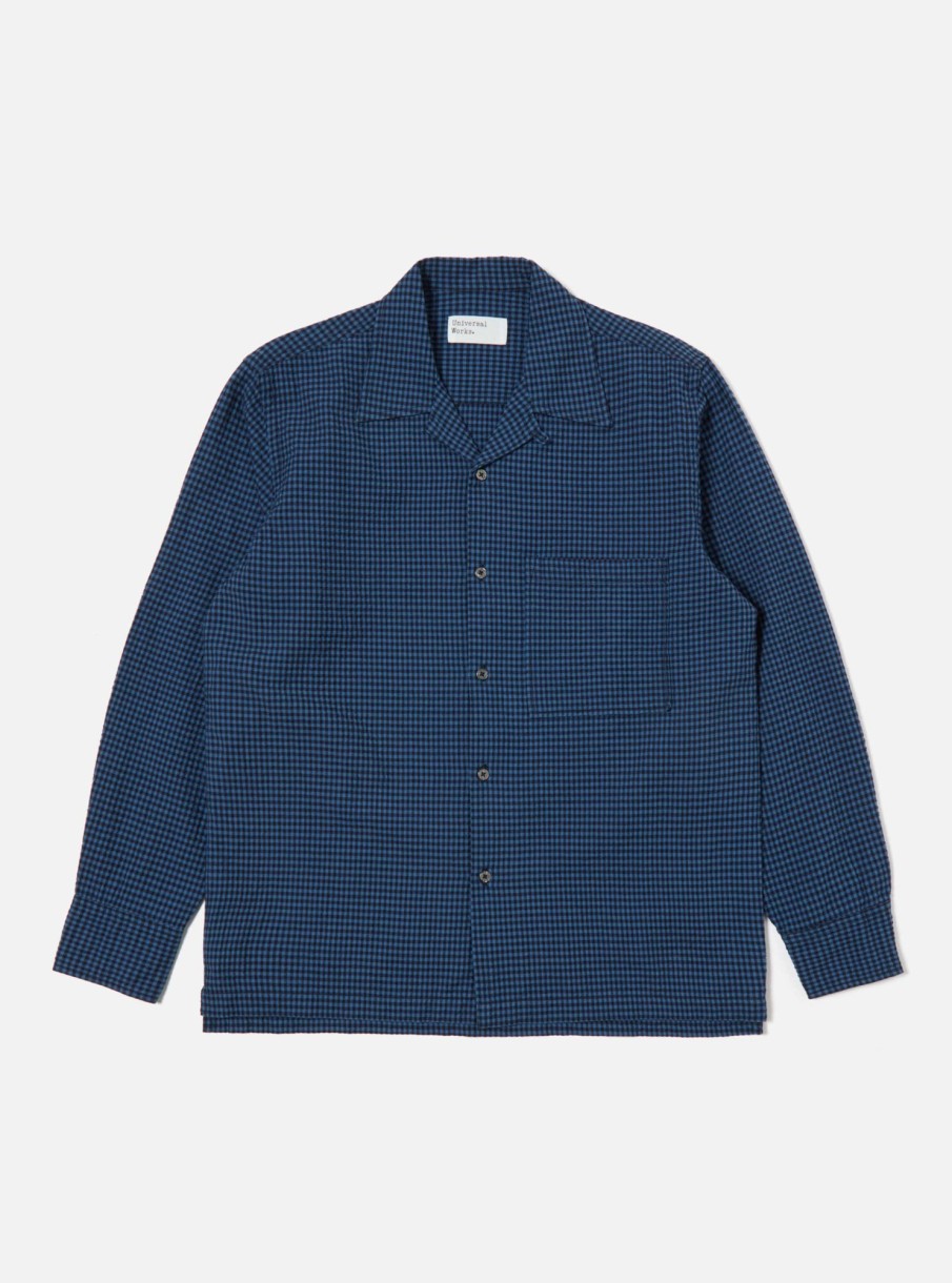 New Universal Works Universal Works L/S Camp Shirt In Navy Gingham Seersucker