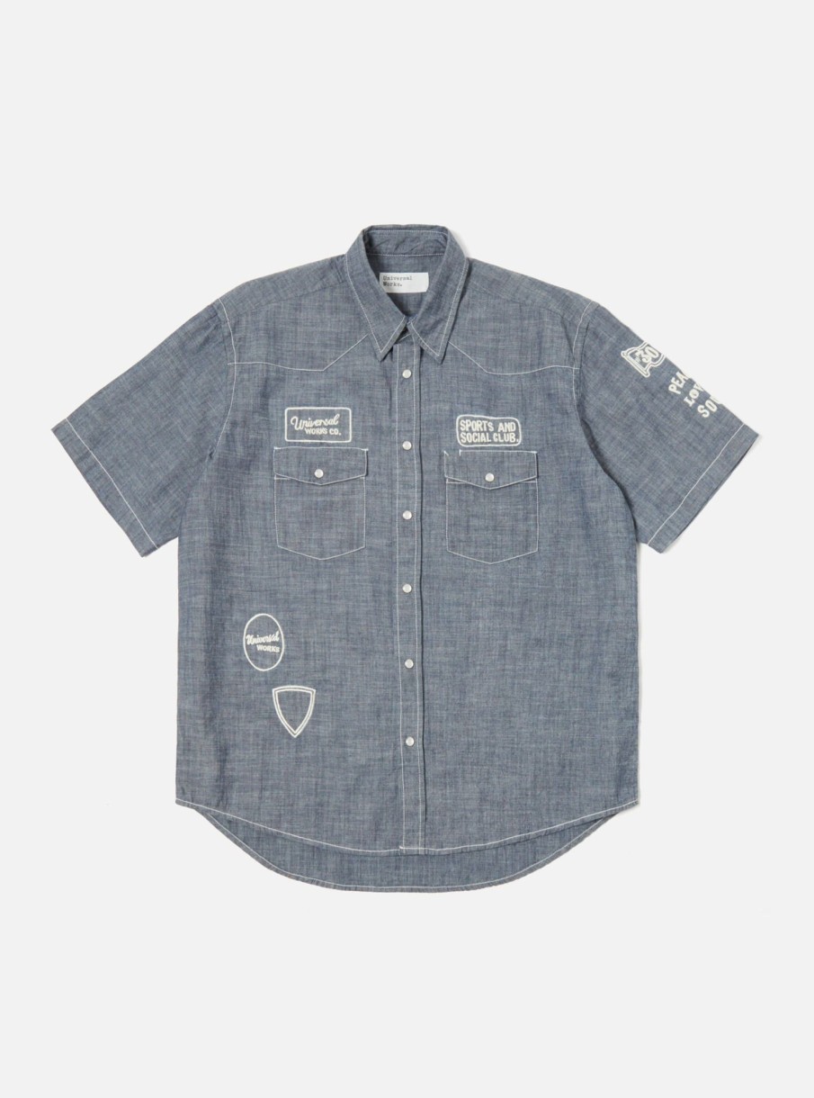 Clearance Universal Works Universal Works Embroidered Western Garage Shirt In Indigo Chambray