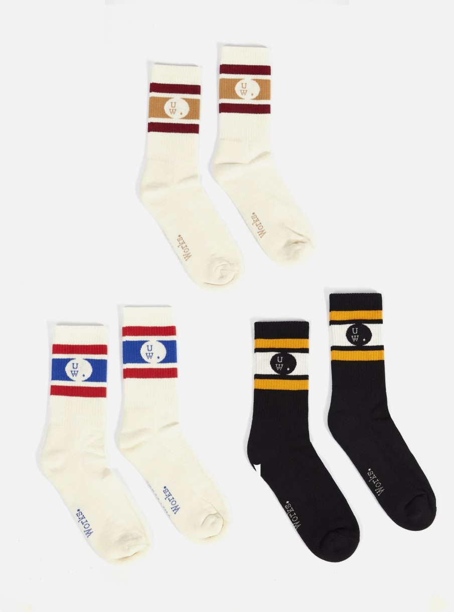 New Universal Works Universal Works 3 Pack Sport Sock In Ecru/Black Cotton