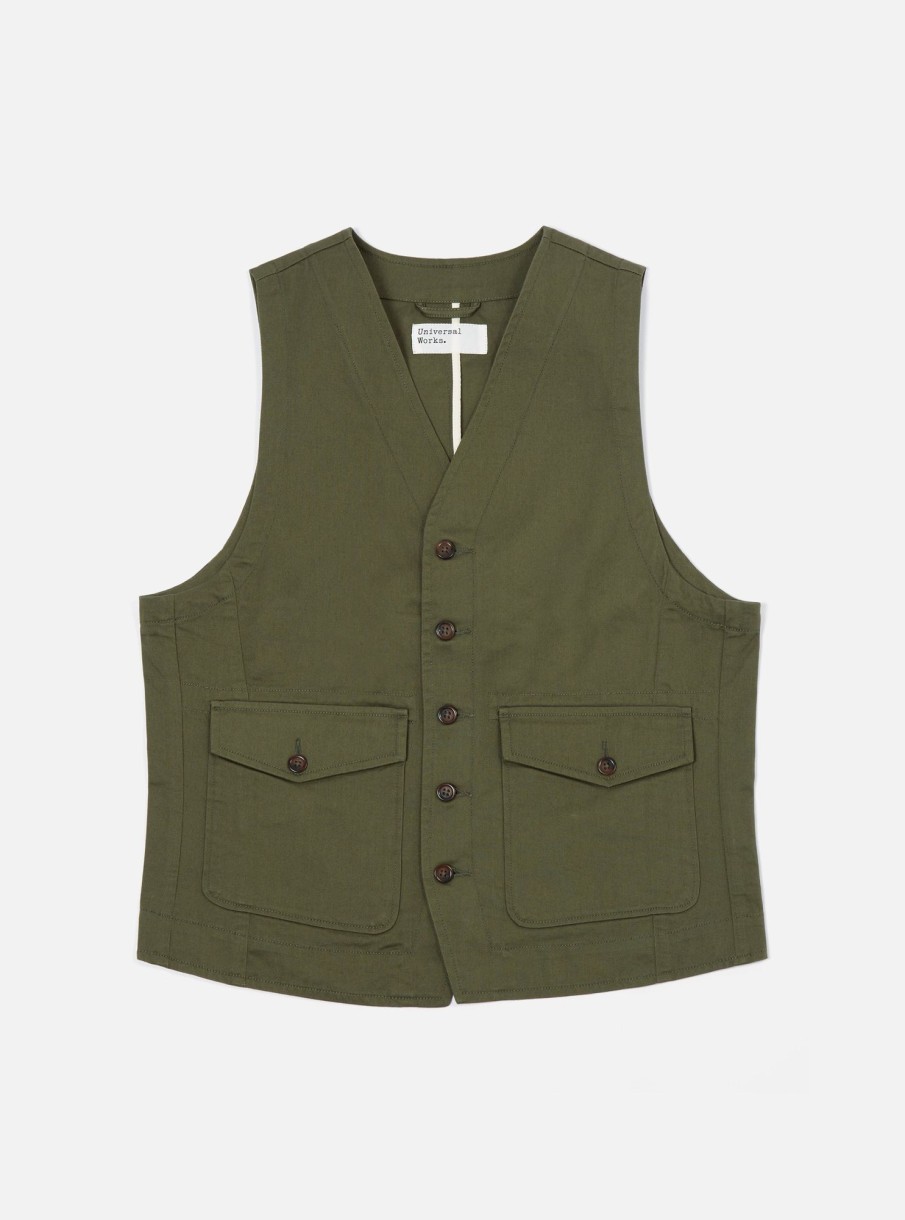 Clearance Universal Works Universal Works Field Waistcoat In Light Olive Twill