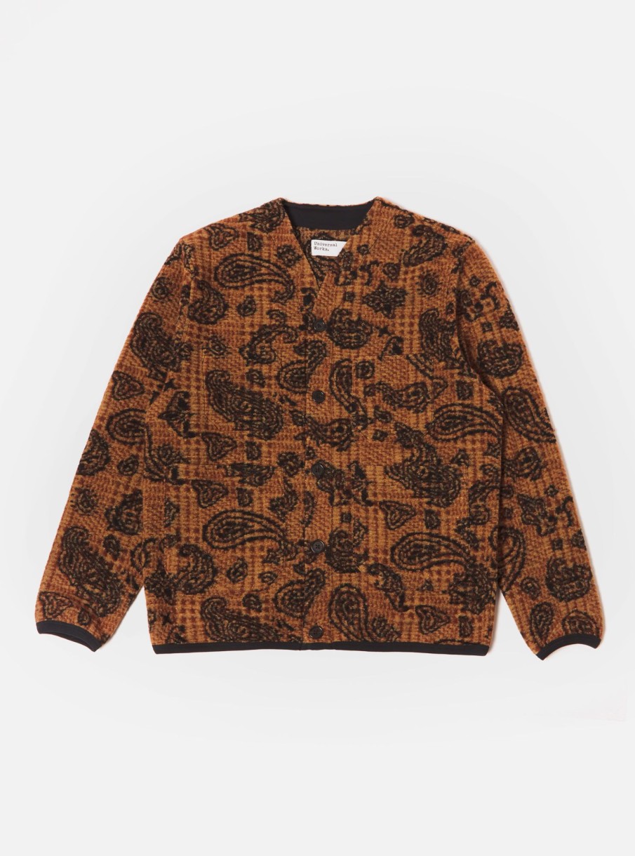 Clearance Universal Works Universal Works Cardigan In Cinnamon Paisley Check Fleece