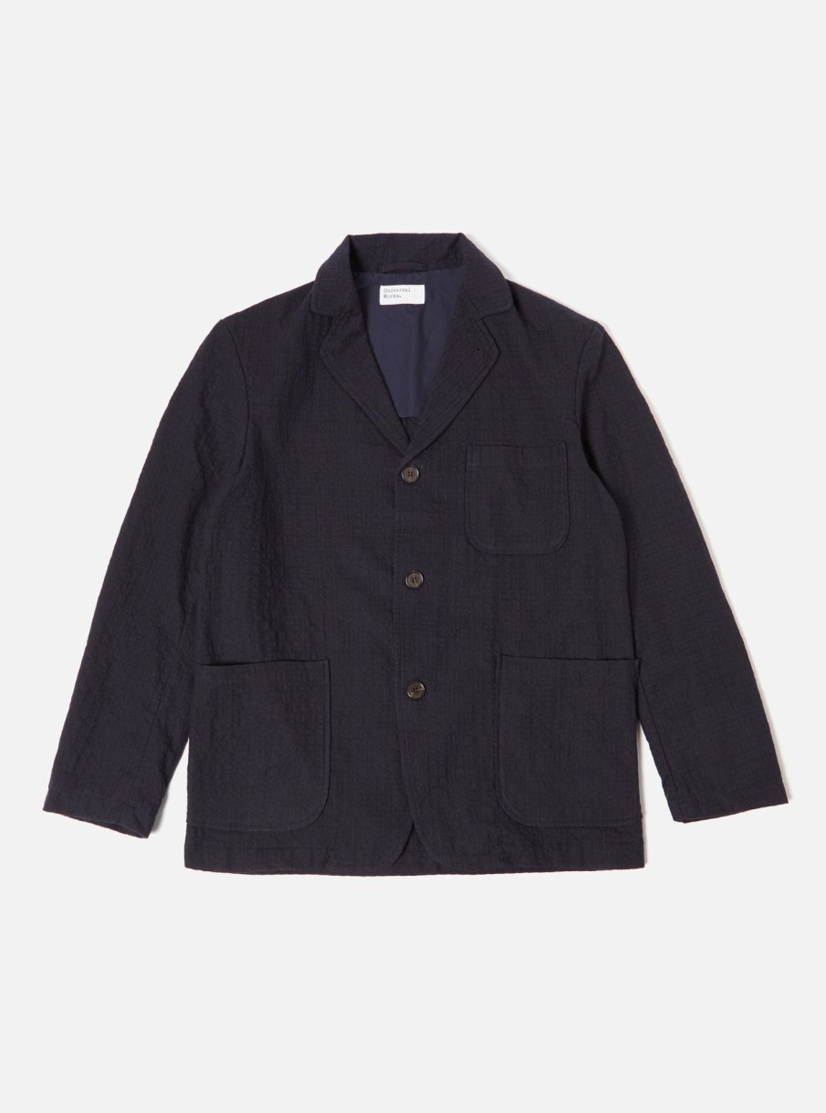 Clearance Universal Works Universal Works Three Button Jacket In Navy Wool Cotton Check Seersucker