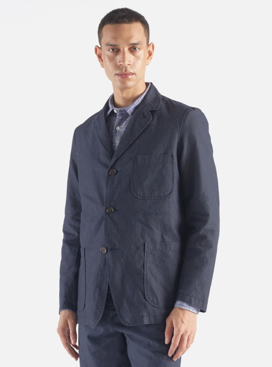 Hot Universal Works Universal Works Three Button Jacket In Navy Linen Mix Puppytooth