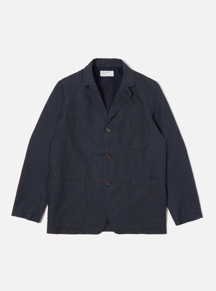 Hot Universal Works Universal Works Three Button Jacket In Navy Linen Mix Puppytooth