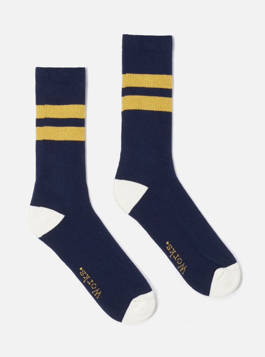 Hot Universal Works Universal Works Sport Sock In Navy/Yellow Cotton Rib