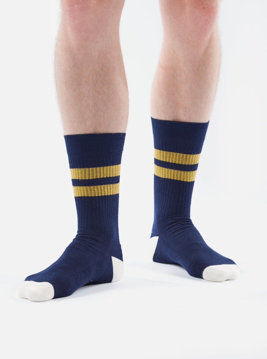 Hot Universal Works Universal Works Sport Sock In Navy/Yellow Cotton Rib