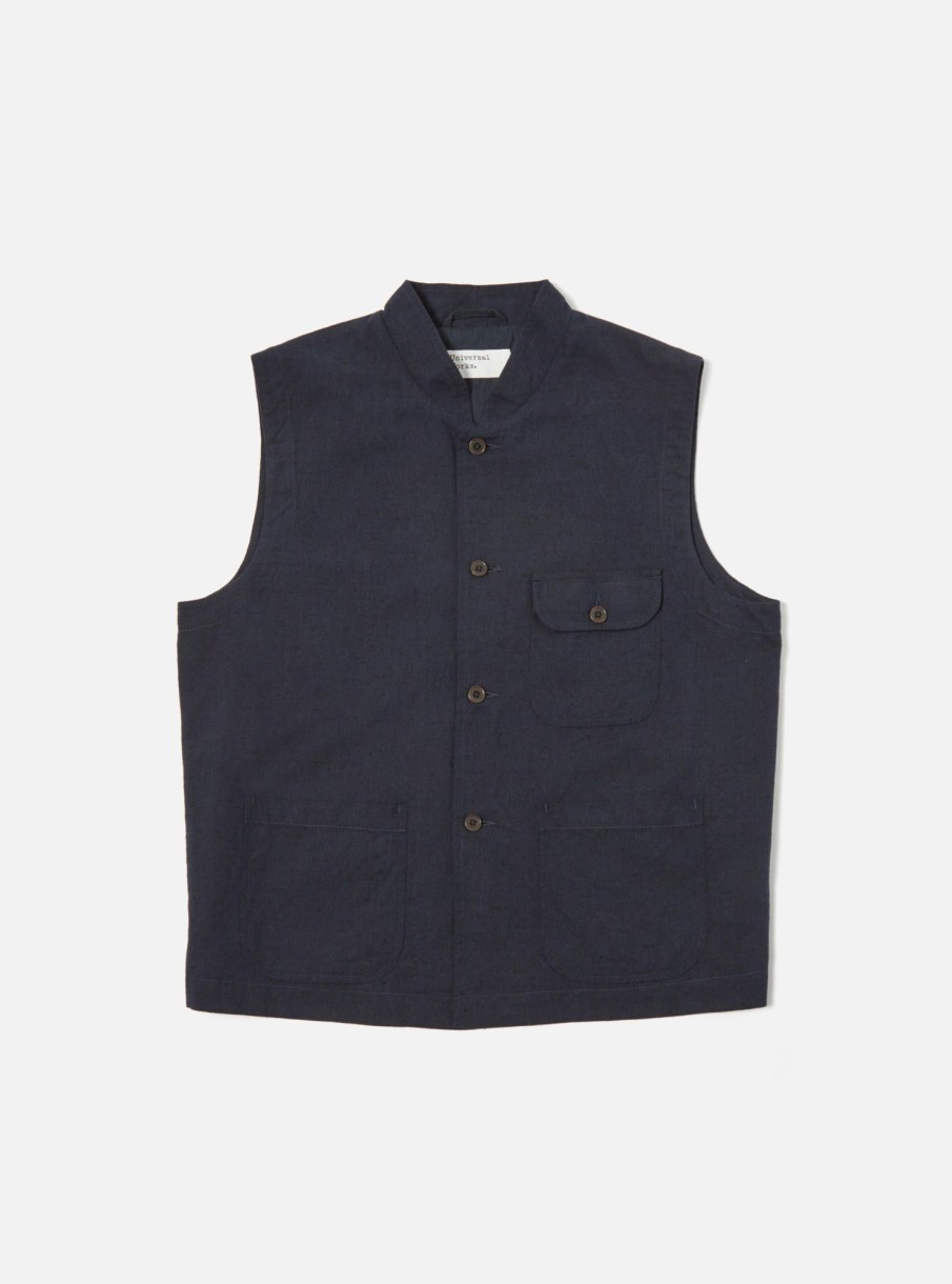 Clearance Universal Works Universal Works Battleman Waistcoat In Navy Lord Cotton Linen