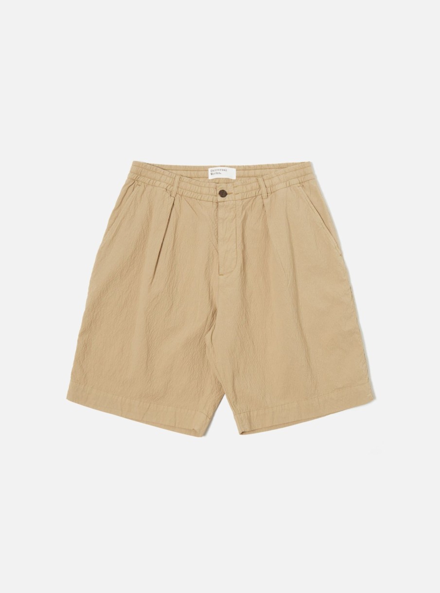 New Universal Works Universal Works Pleated Track Short In Summer Oak Seersucker Ii