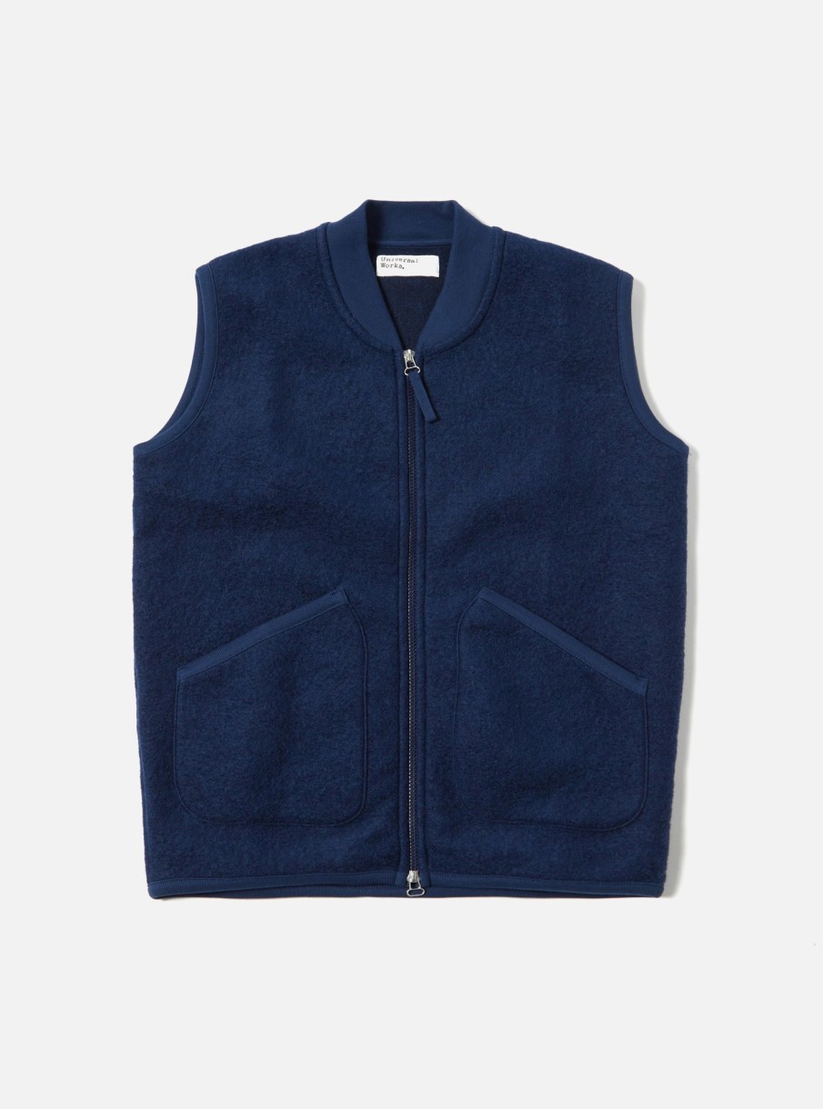 Online Universal Works Universal Works Zip Waistcoat In Indigo Wool Fleece