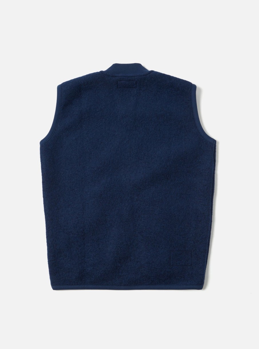 Online Universal Works Universal Works Zip Waistcoat In Indigo Wool Fleece