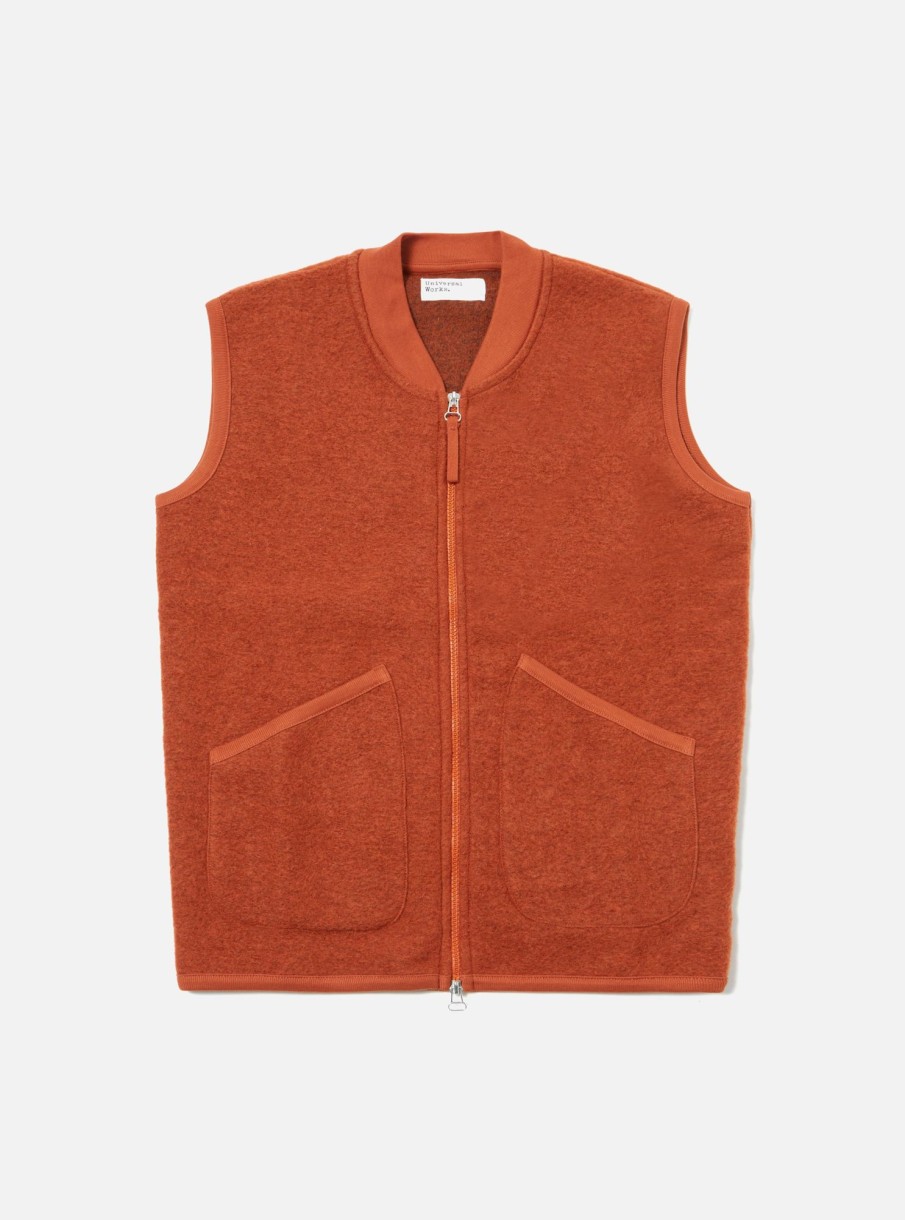 Wholesale Universal Works Universal Works Zip Waistcoat In Orange Wool Fleece