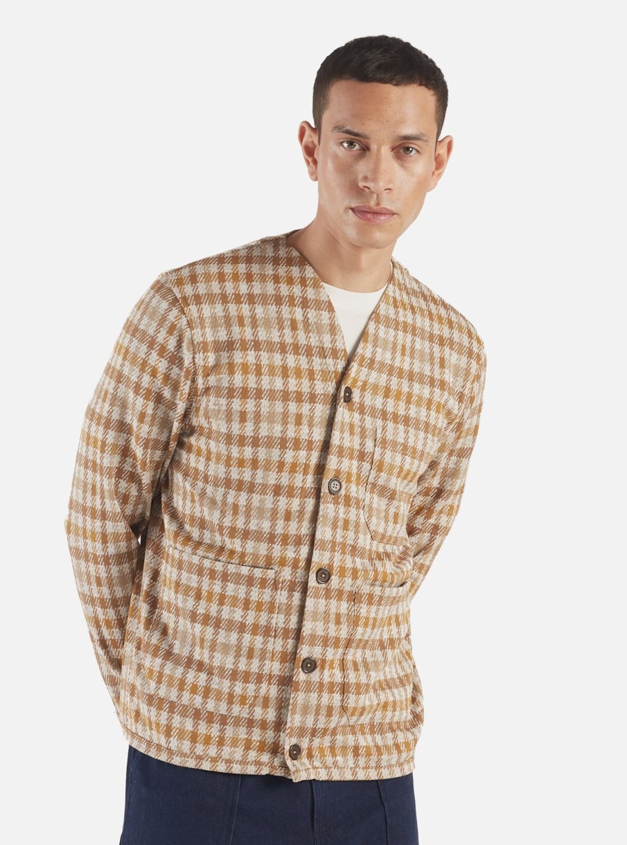 Online Universal Works Universal Works Cardigan In Sand Summer Check Fleece