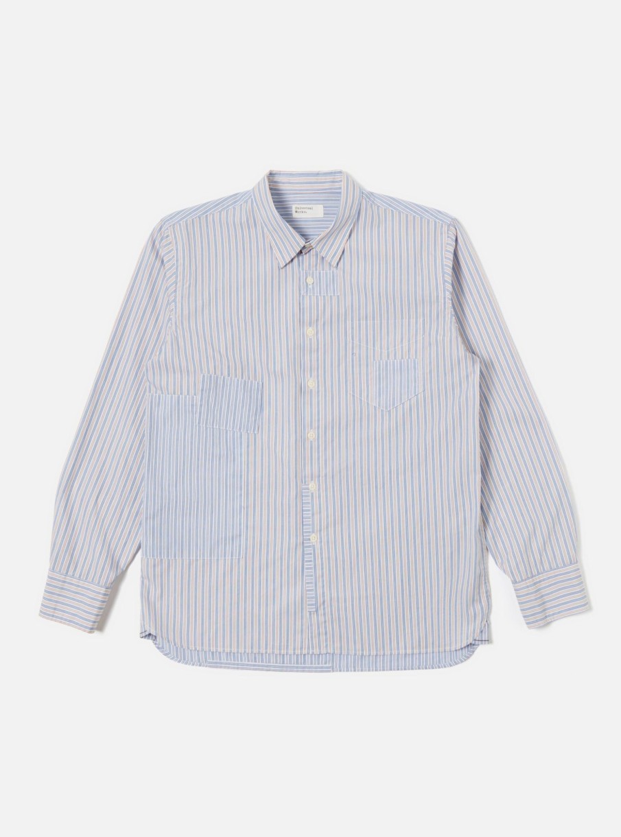 Best Universal Works Universal Works Patched Shirt In Blue Busy Stripe Cotton