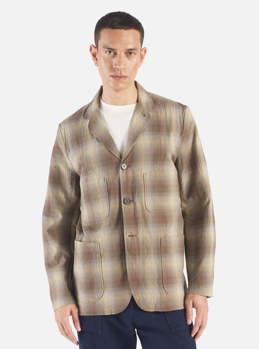 Online Universal Works Universal Works Five Pocket Jacket In Olive Portuguese Check Seersucker