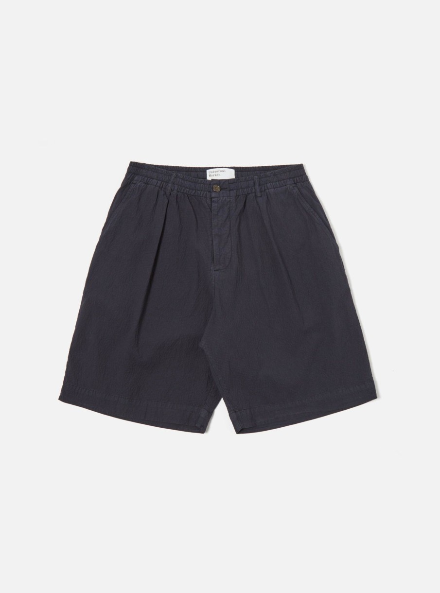 New Universal Works Universal Works Pleated Track Short In Navy Seersucker Ii