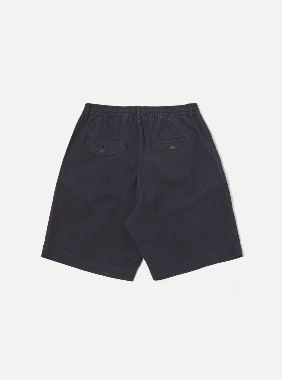 New Universal Works Universal Works Pleated Track Short In Navy Seersucker Ii