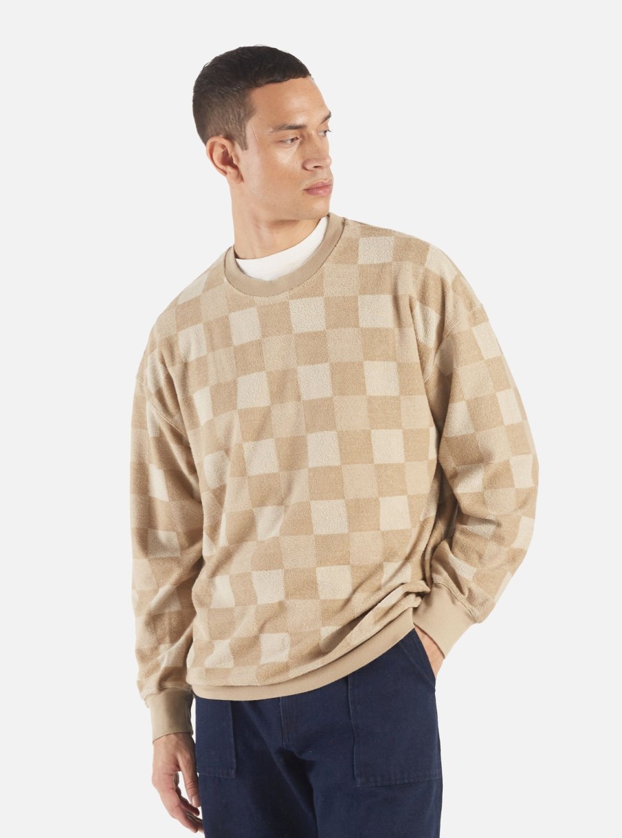 Wholesale Universal Works Universal Works Loose Sweatshirt In Sand Checkboard Towelling