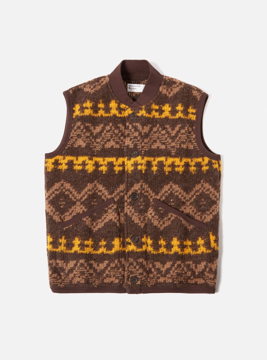 Clearance Universal Works Universal Works Button Front Gilet In Brown Moroccan Rug Fleece