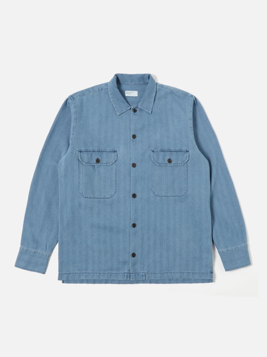 Clearance Universal Works Universal Works L/S Utility Shirt In Washed Indigo Herringbone Denim