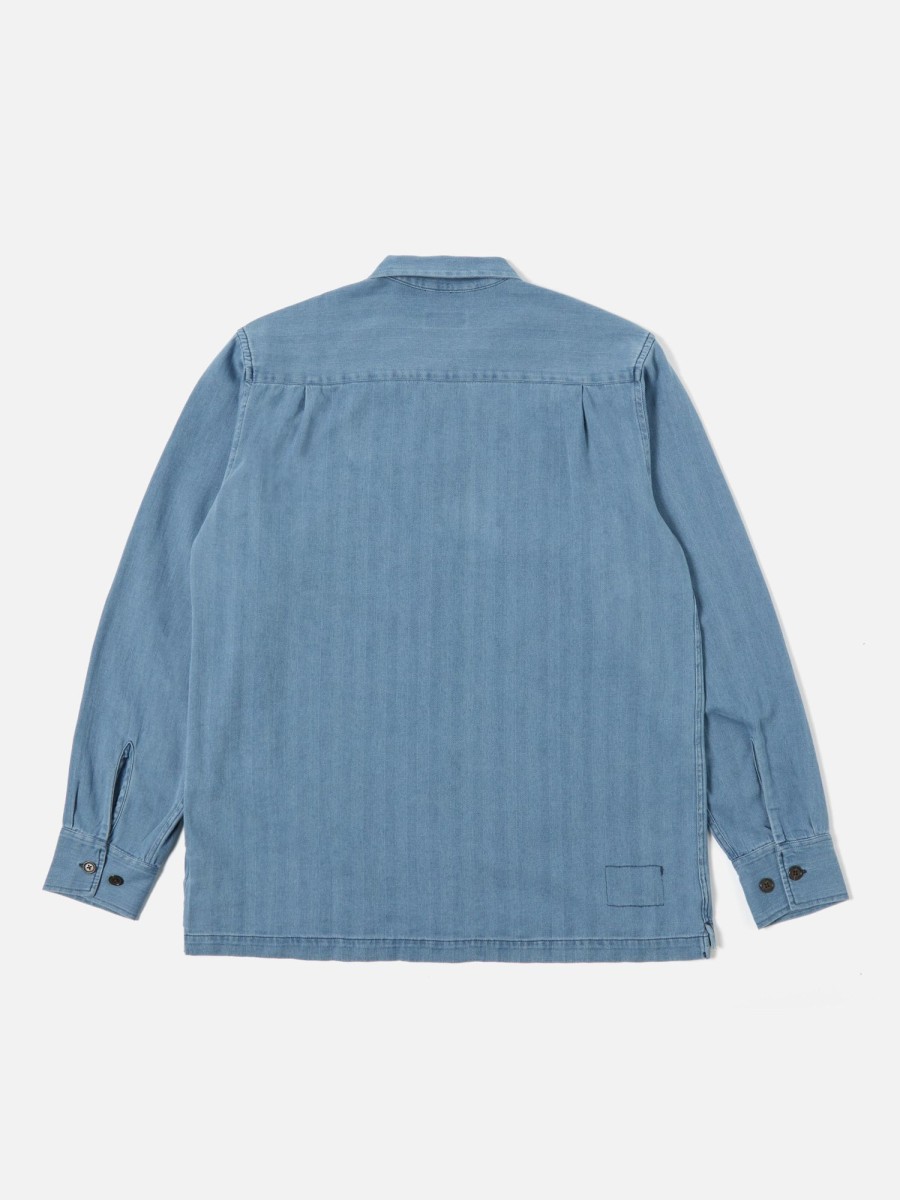 Clearance Universal Works Universal Works L/S Utility Shirt In Washed Indigo Herringbone Denim