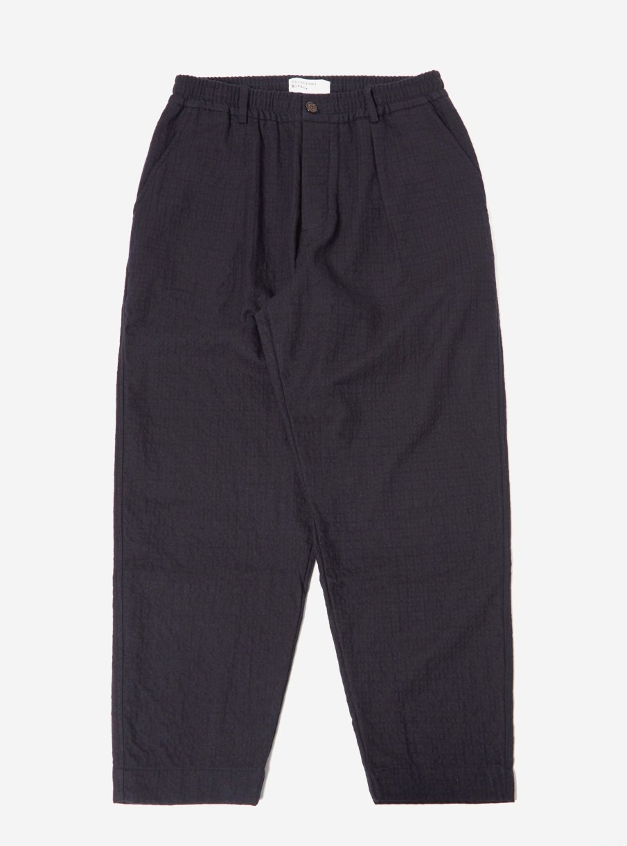 New Universal Works Universal Works Pleated Track Pant In Navy Wool/Cotton Check Seersucker