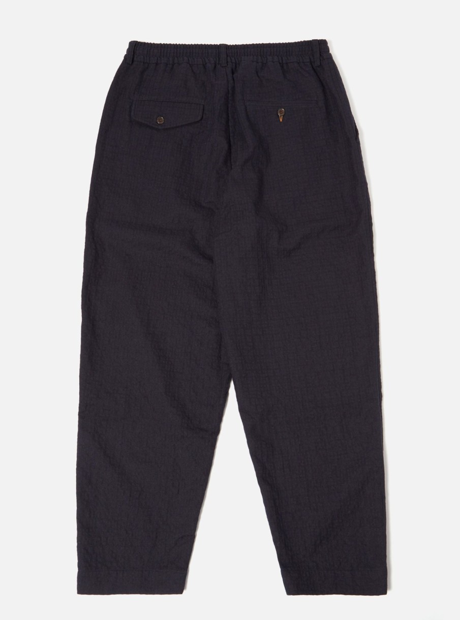 New Universal Works Universal Works Pleated Track Pant In Navy Wool/Cotton Check Seersucker