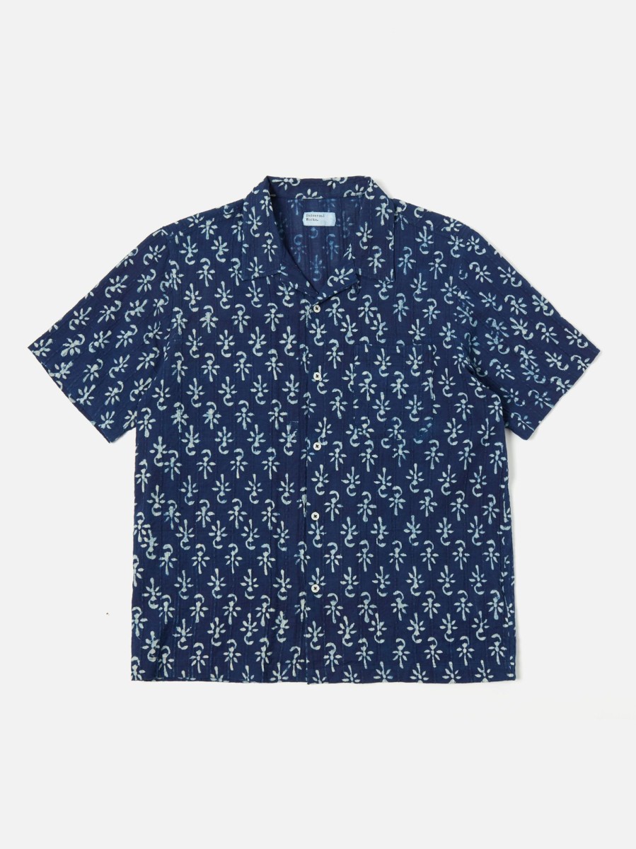 New Universal Works Universal Works Road Shirt In Indigo Flower Hand Print