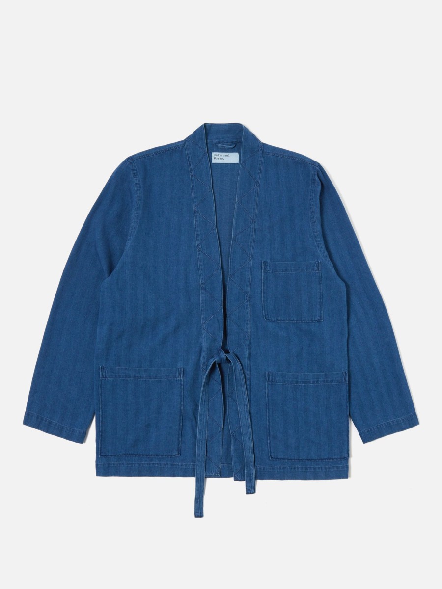 New Universal Works Universal Works Tie Front Jacket In Washed Indigo Herringbone Denim