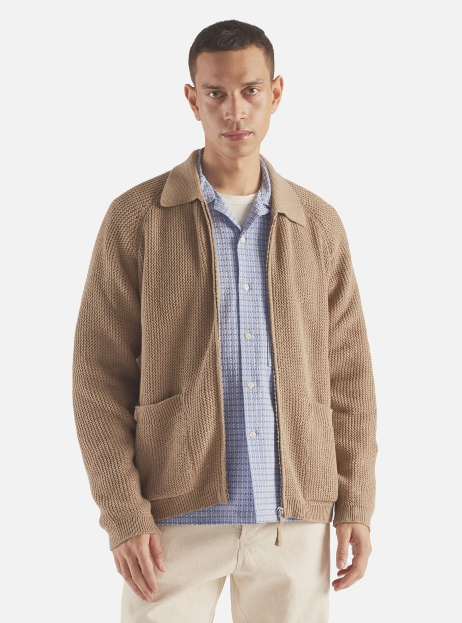 New Universal Works Universal Works Rack Stitch Zip Up Knit In Summer Oak Eco Cotton