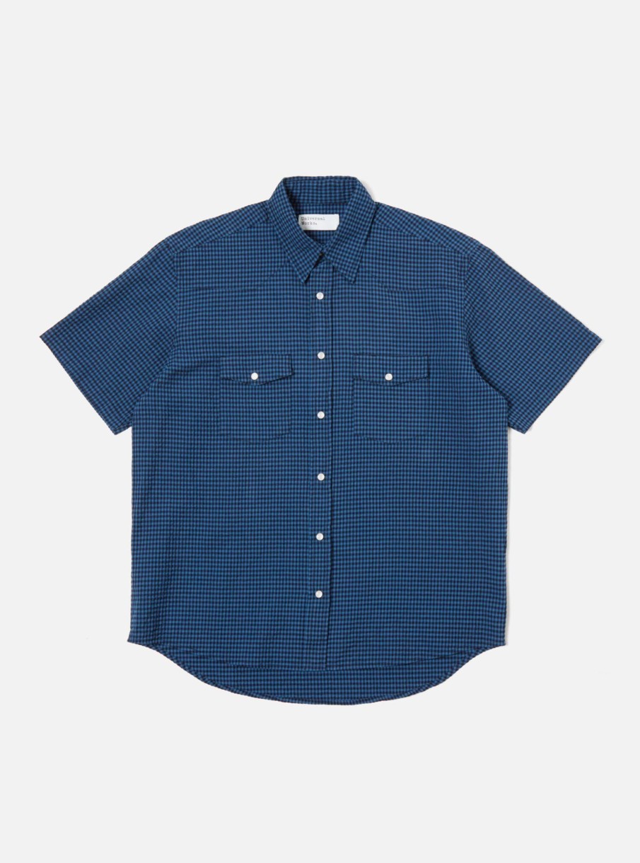 Best Universal Works Universal Works Western Garage Shirt In Navy Gingham Seersucker