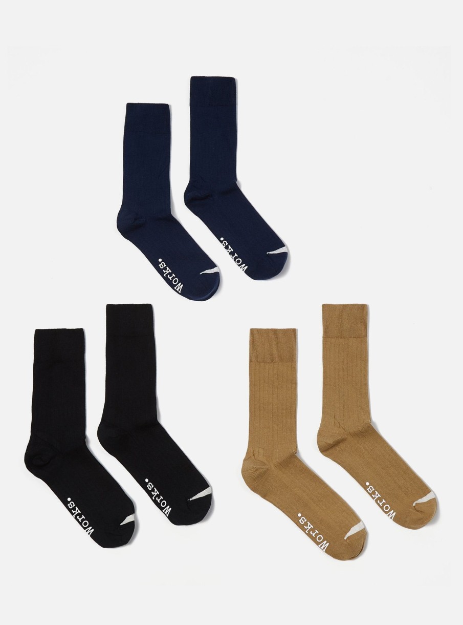 Wholesale Universal Works Universal Works 3 Pack Modal Sock In Black/Navy/Cumin Rib Knit