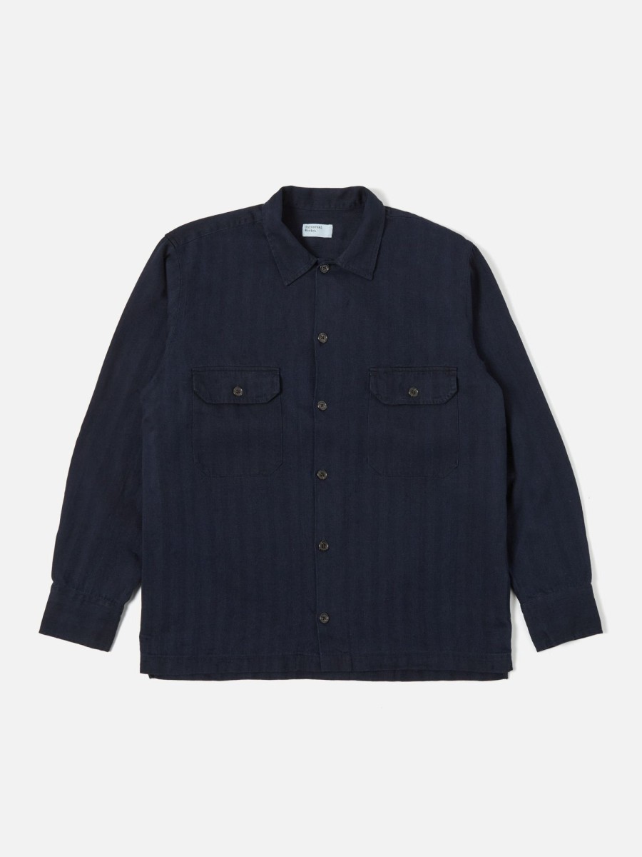 Clearance Universal Works Universal Works L/S Utility Shirt In Indigo Herringbone Denim