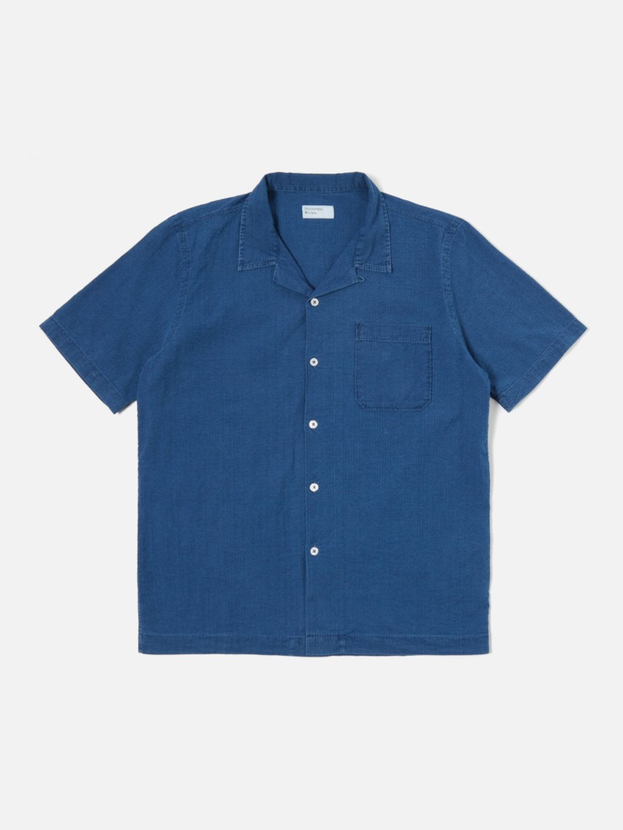 Clearance Universal Works Universal Works Road Shirt In Washed Indigo Seersucker