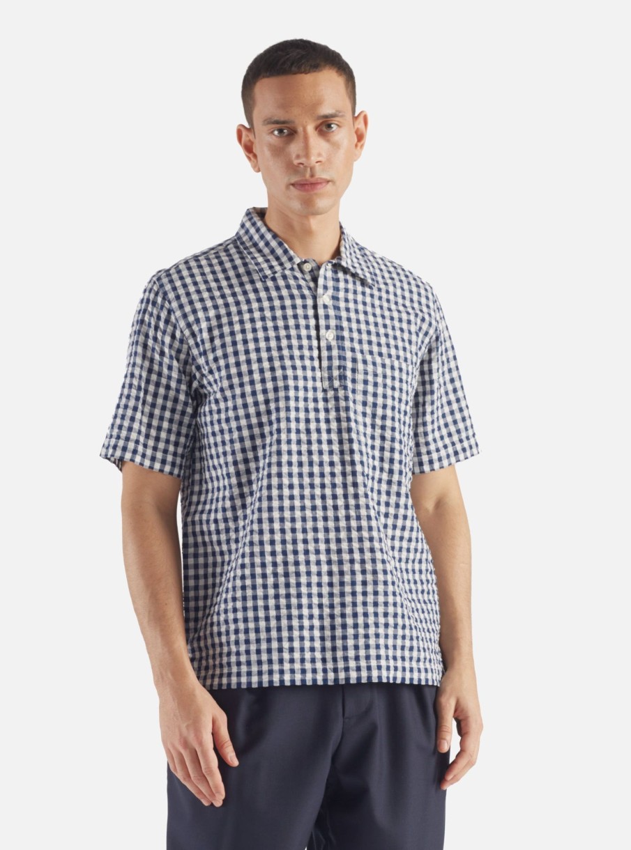 Best Universal Works Universal Works Pullover Shirt In Navy Gingham Seersucker