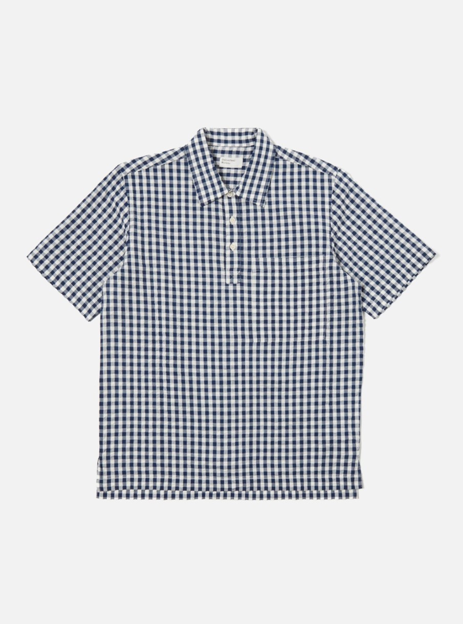 Best Universal Works Universal Works Pullover Shirt In Navy Gingham Seersucker