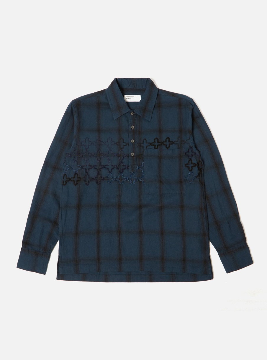 Wholesale Universal Works Universal Works Ls Pullover Shirt In Navy Embroided Shadow Check